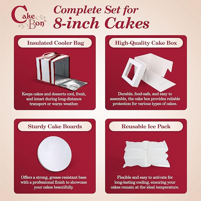Cakebon 8" Cake Box Drum Insulated Bag White Round Wrapped 1Pack