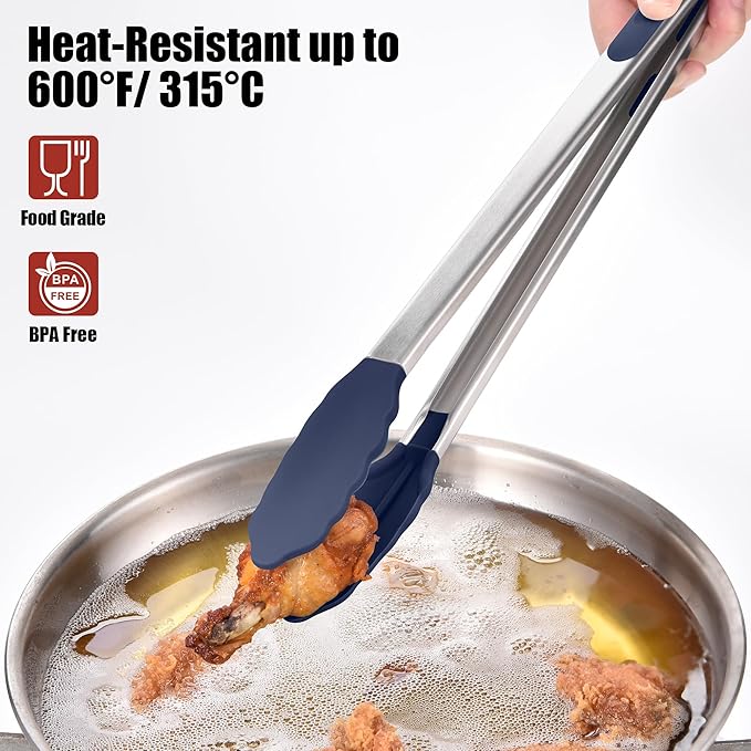 Doosu Kitchen Tongs with Silicone Tips for Cooking Serving (16in, Navy)
