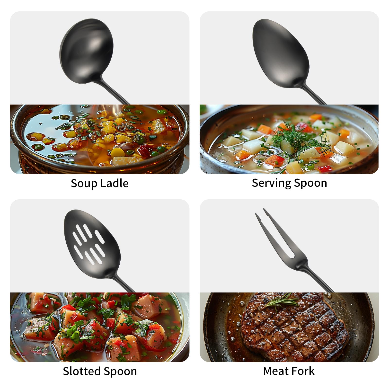 304 Stainlss Steel Matte Kitchen Utensils Set, 11 Pcs Long Metal Cooking Utensil Gadgets Tools Set with Spatula, Ladle, Spoon, Ladle, Skimmer, Tunner, Pasta Server, Tongs(Black, Dishwasher Safe)