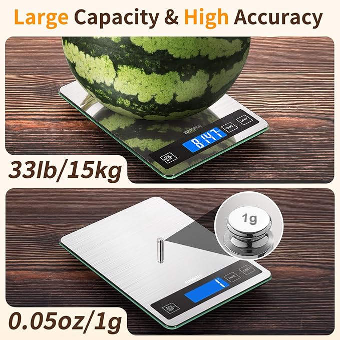 BakFee Rechargeable Food Scale, 33lb Kitchen Scale with 1g Precision, Black