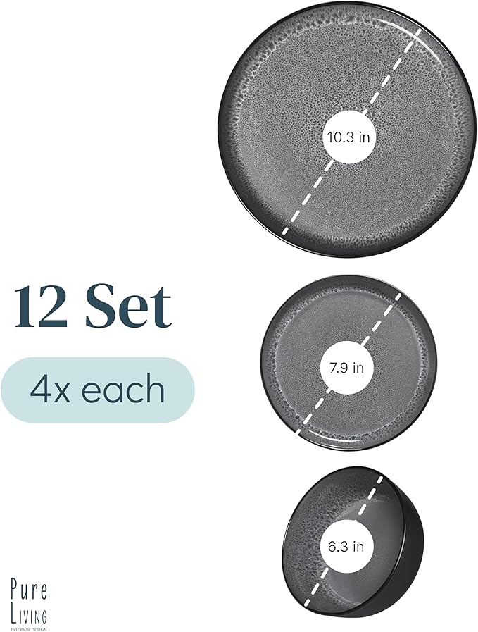 12 Piece Stoneware Dinnerware Set for 4 - Handmade Reactive Glaze Plates and Bowls Set - Chip & Scratch Resistant Dish Set - Dishwasher Microwave Safe - Dark Gray