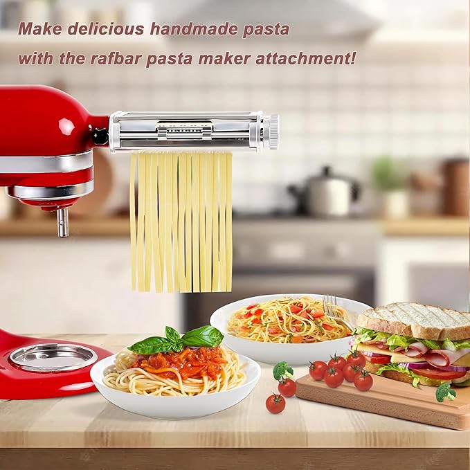 Pasta Maker Attachment for KitchenAid Mixer, 3-in-1 Metal Roller & Cutter