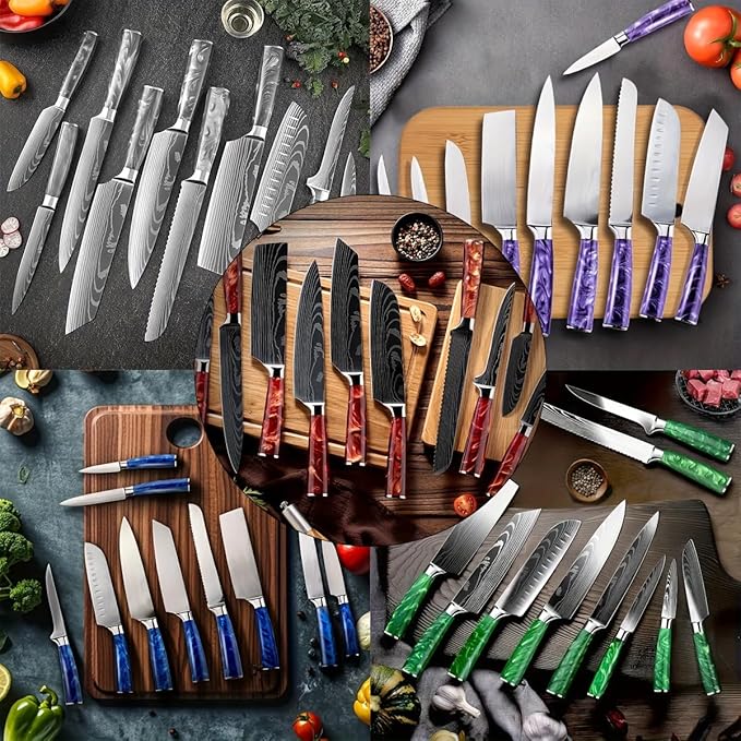 FIVE COWS 8-Piece Premium Japanese Kitchen Knife Set - Star Collection, Laser Damascus Pattern, 440A Stainless Steel Ultra Sharp for Fast Cutting (DMS-8A-Red)