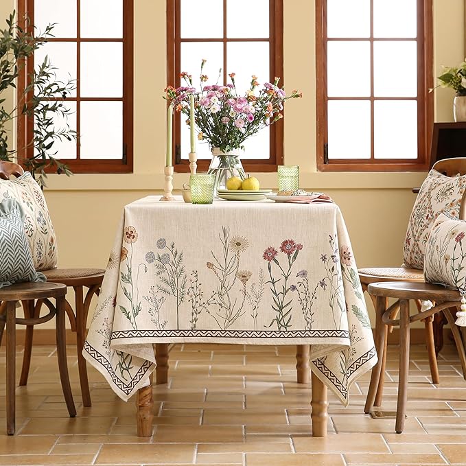 ISAENNE Designer Off White Linen Long Rectangle Tablecloth,Floral Elegant Table Cloth,Stain Resistant Vintage Decor Tablecloths for Dining Thanksgiving Kitchen Christmas,63"*102"-Serenity G