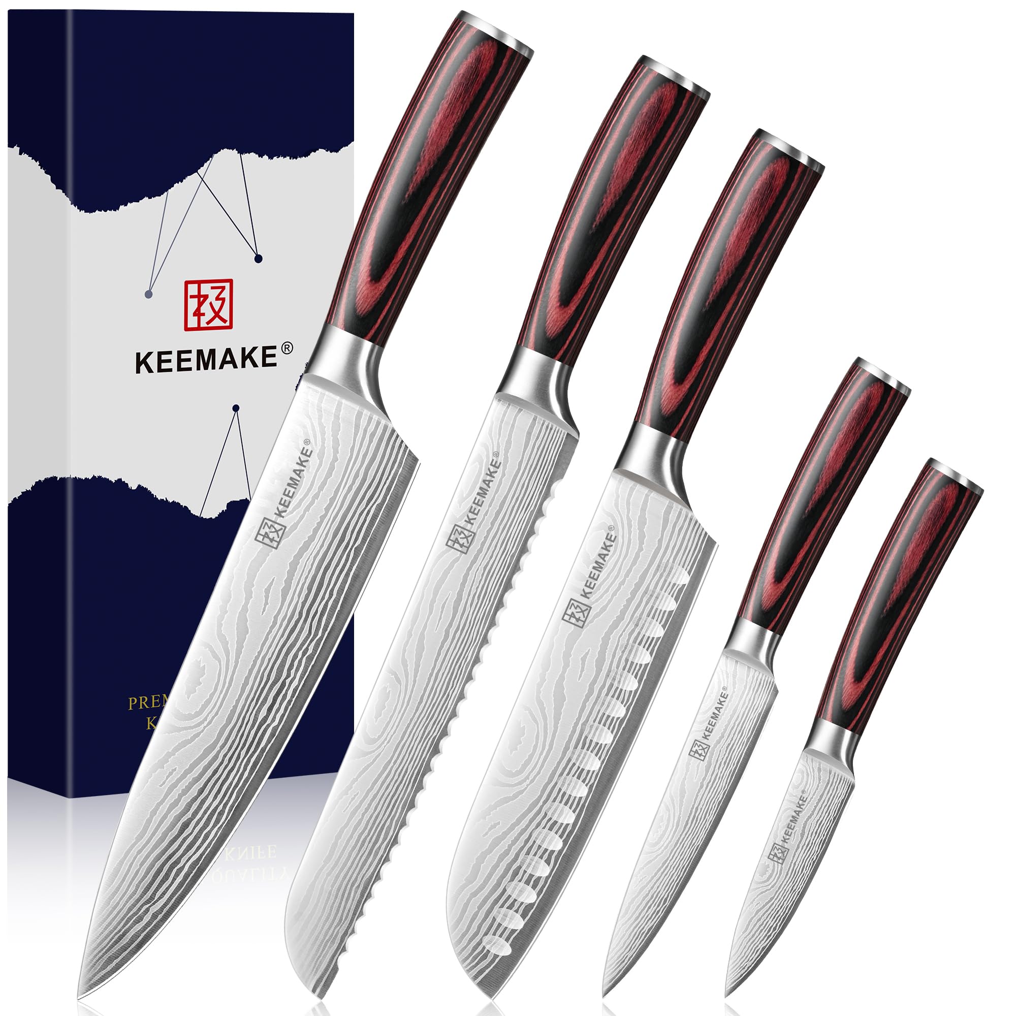 KEEMAKE 5 Pieces Kitchen Knife Set, Professional Ultra Sharp Chef Knife Set