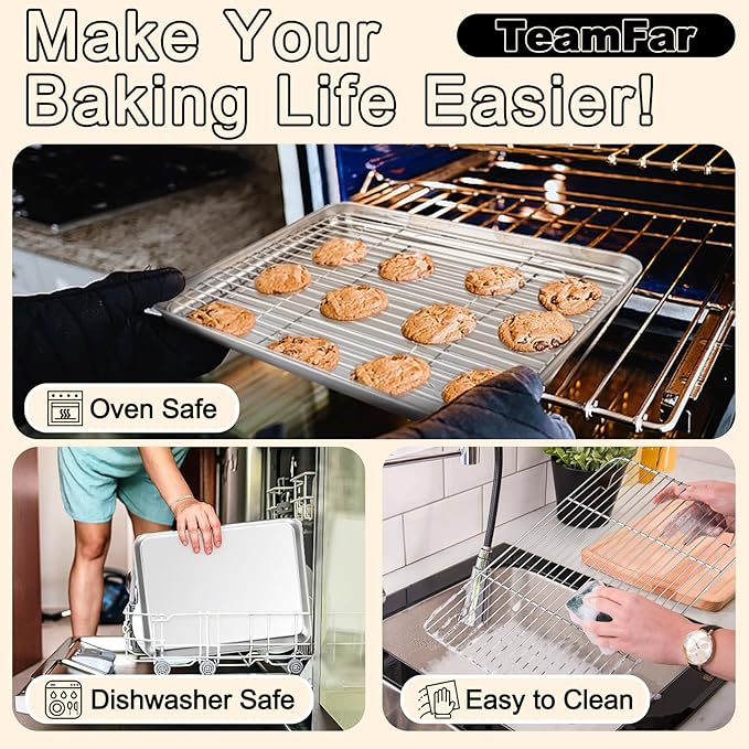 TeamFar Baking Sheet with Rack Set, 3 Pans + 3 Racks, 19.6/16/12.5 Inch