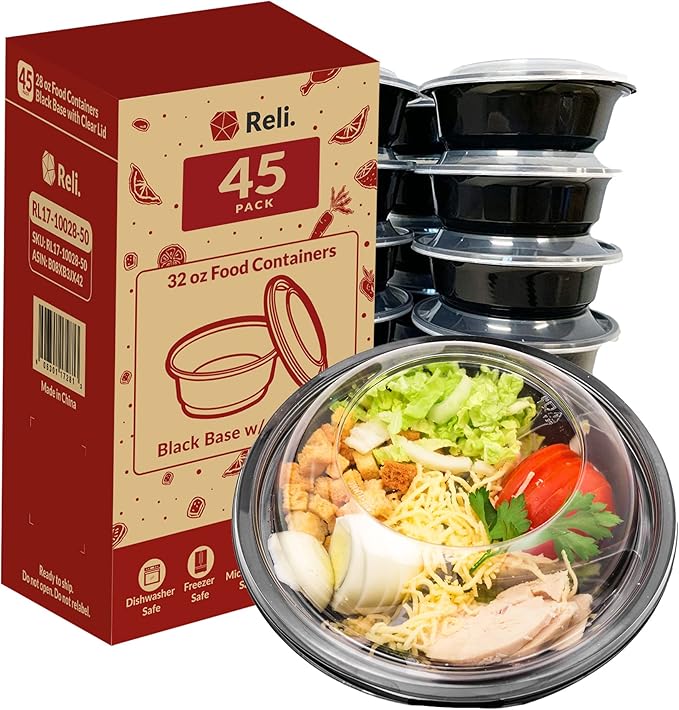 Reli. Meal Prep Container Bowls w/Lids, 32 oz. | 45 Pack | Black