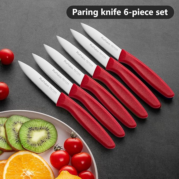 Ruffulon Paring & Fruit Knives Set of 6, Stainless Steel Sharp Blades,Red.