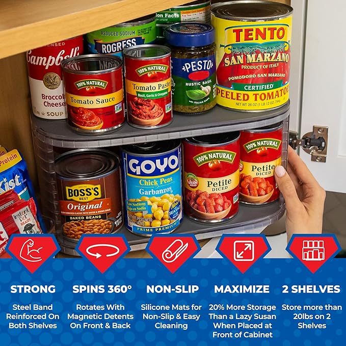 Mighty Susan 2-Tier Lazy Susan Pantry Organizer – Steel Reinforced Turntable for Kitchen Cabinets & Pantry Storage – Heavy-Duty Can Organizer Holds Up to 30 lbs – Rotates 360° – Includes 2 Bonus Bins