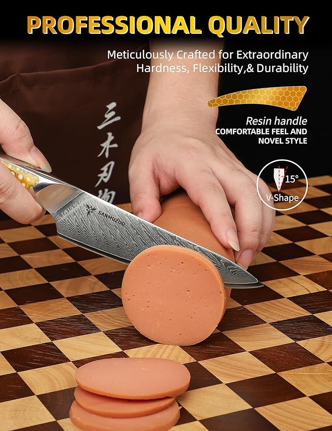 SANMUZUO 5 inch Utility Knife, Japanese VG-10 Damascus Steel Kitchen Knife, Ultra Sharp Fruit Knife with Full-tang Handle in Yellow Resin, LA-S9 Series