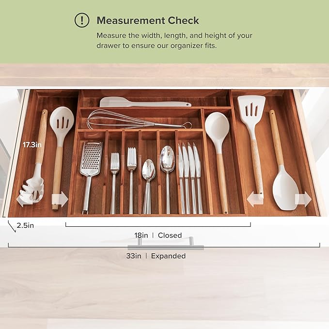 KitchenEdge Silverware & Utensil Drawer Organizer, 18-33 in, Acacia