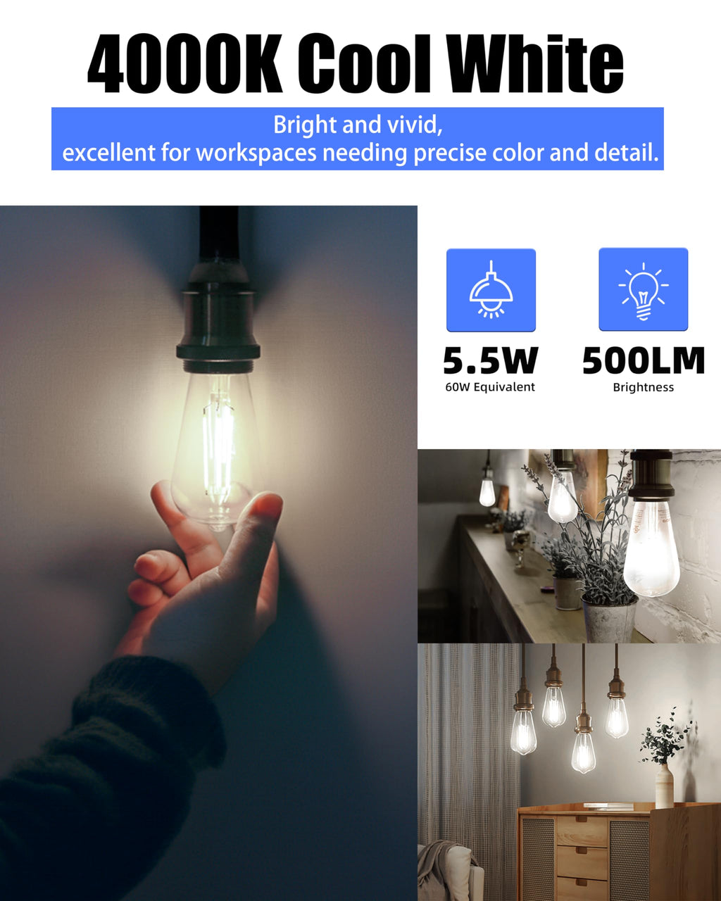 ST19 Dimmable LED Edison Bulb, 5.5W (60W Equivalent) 500LM CRI 95+, 4000K Cool White, E26 Medium Base Vintage Filament, Clear Glass, Standard Type A Lamp for Kitchen, Bathroom, Bedroom, 6 Pack