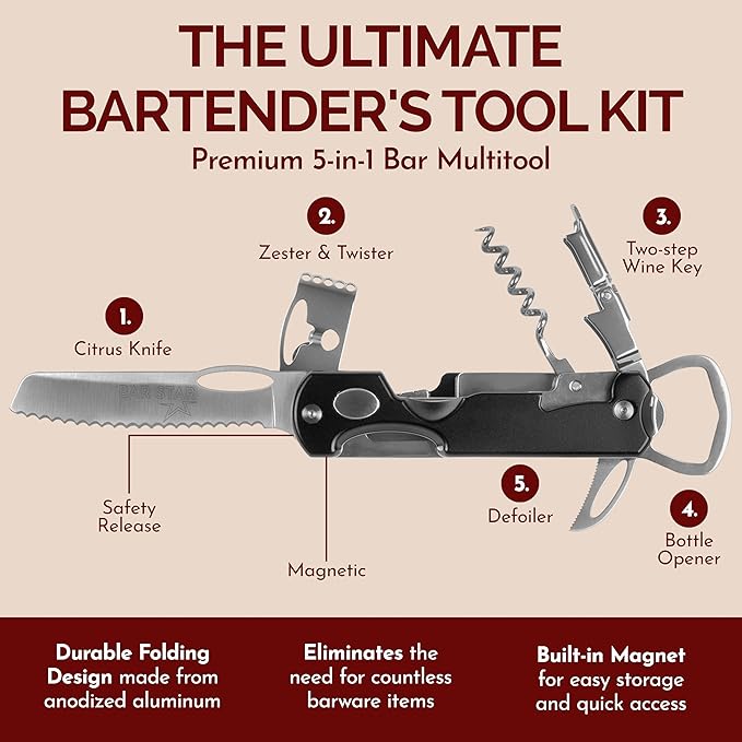Bar Star Bartender's All-in-One Bar Tool Set: Corkscrew, Zester, Citrus Knife and Bottle Opener Kit with Magnet for Picnics, Tailgating, BBQs, Camping, Travel, Beach Parties and Bartending, Black