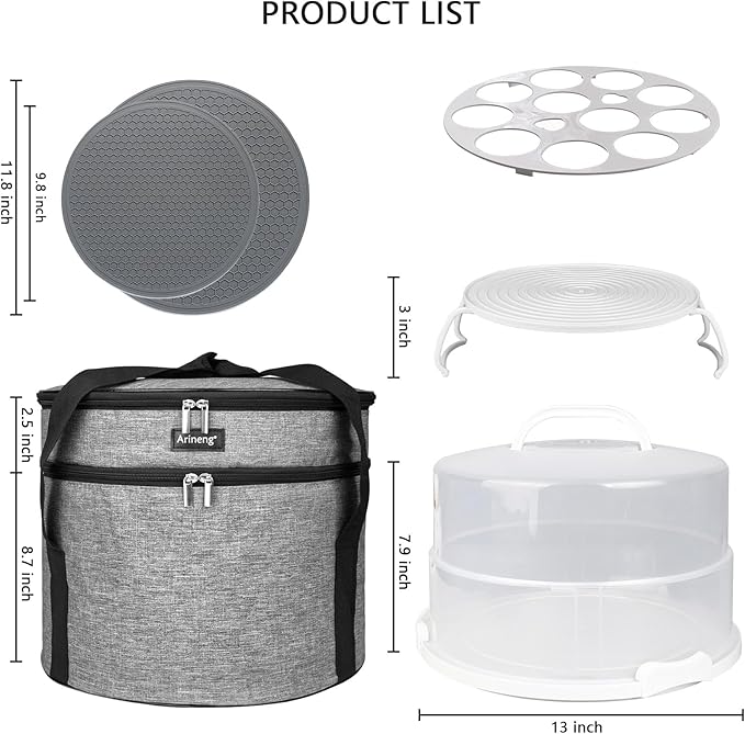 Arineng 12 Inch Cake Carrier with Lid & Handle BPA-Free Cake Transport Container, Includes Insulated Bag, Cupcake & Pie Holders for Secure Dessert Delivery (Fits 7" Tall Cakes) (Grey)
