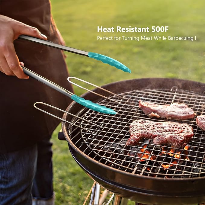 5-Piece Silicone Spatulas Set with Tongs, 446°F Heat Resistant, Aqua Sky