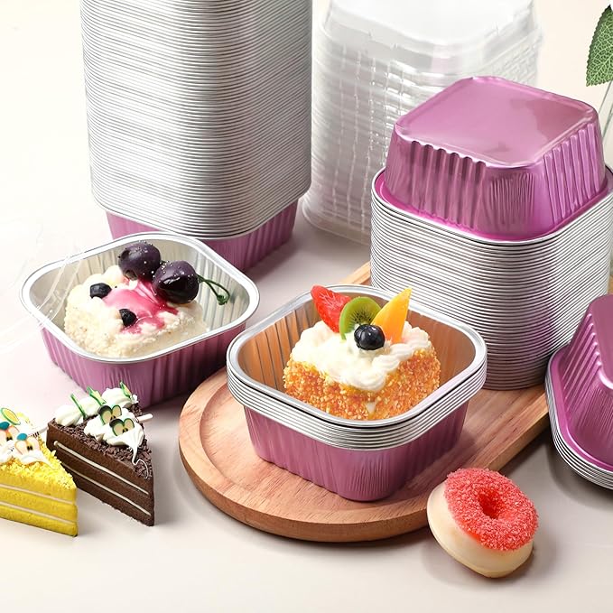 Aoriher 150 Pcs 10 oz Mini Cake Pans with Lids Aluminum Foil Baking Cup Disposable Square 4 x 4 Large Baking Tin, Muffin Pan Cheesecake Kitchen Brownie Pudding Desserts Holder(Rose Red)