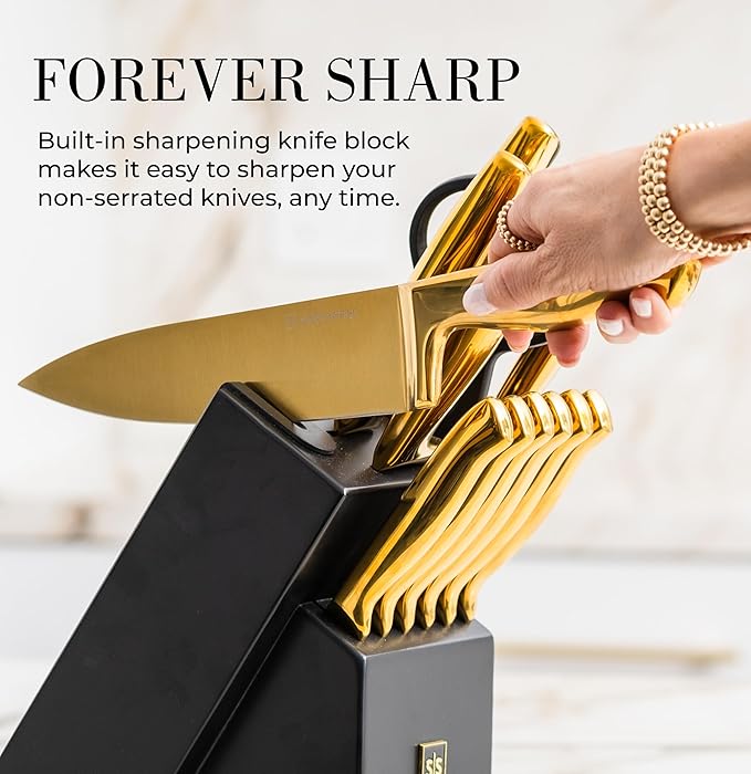 Styled Settings Gold Knife Set with Block and Built-In Sharpener, 14-Piece