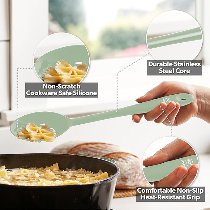 DI ORO Silicone Cooking Spoons - Solid & Slotted Set, 2-Pc Sage