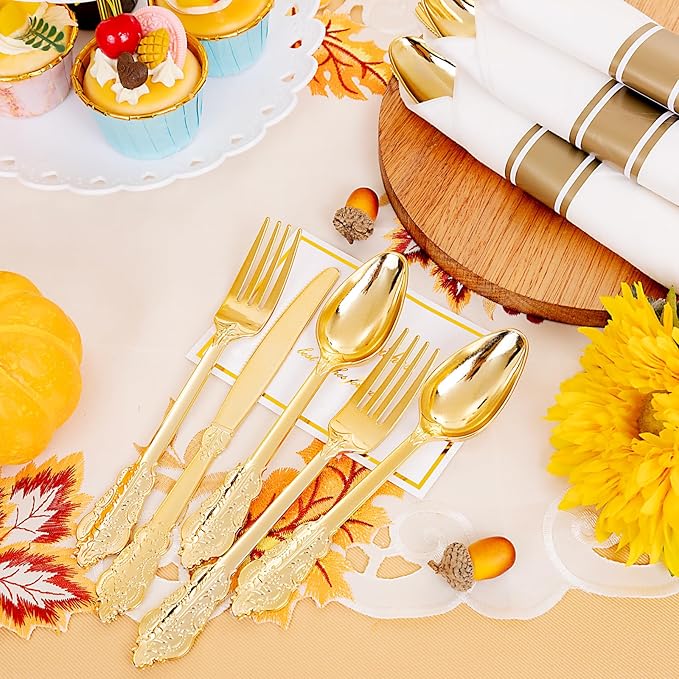 Liacere 400PCS Gold Plastic Silverware - Pre Rolled Napkins Disposable Gold Plastic Cutlery-Premium Quality Utensils-Includes 100Forks,100Knives,100Spoons,100 Napkins & Birthday Party &Events