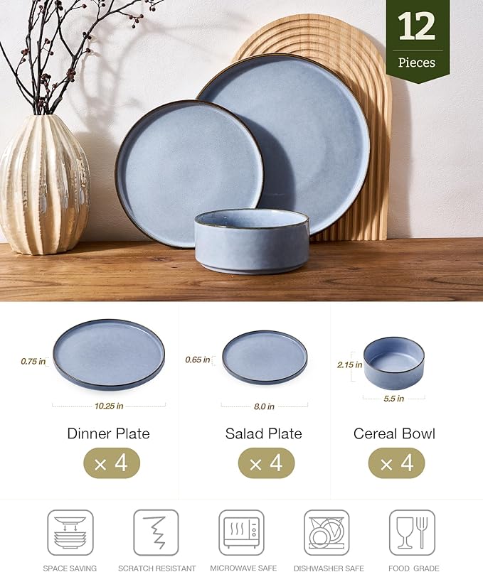 Famiware Annecy 12-Piece Stoneware Dinnerware Set, Reactive Blue