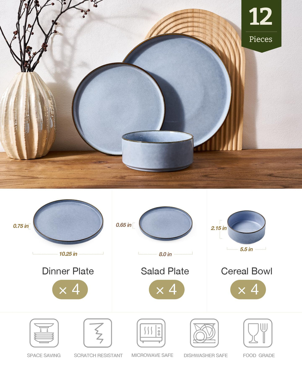 Famiware Annecy 12-Piece Stoneware Dinnerware Set, Reactive Blue