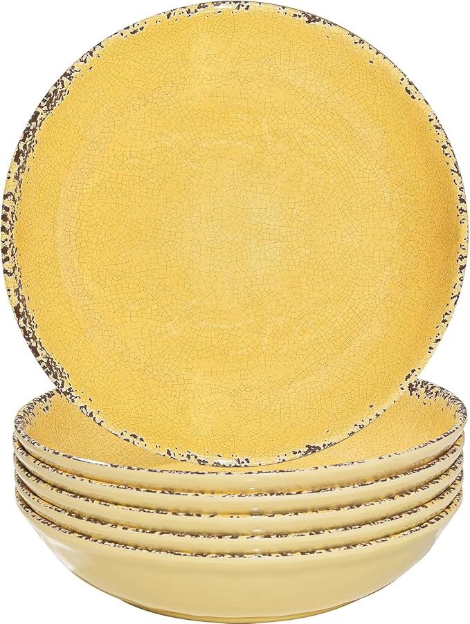ZAROCRUS Farmhouse Melamine Pasta Bowls Set, 42 OZ Large Salad Bowls Set, 9.25 inch 6 Piece large Soup Bowls,Wide and Shadow Rustic Round Serving bowl, Set of 6 Dinner Bowl,Yellow…