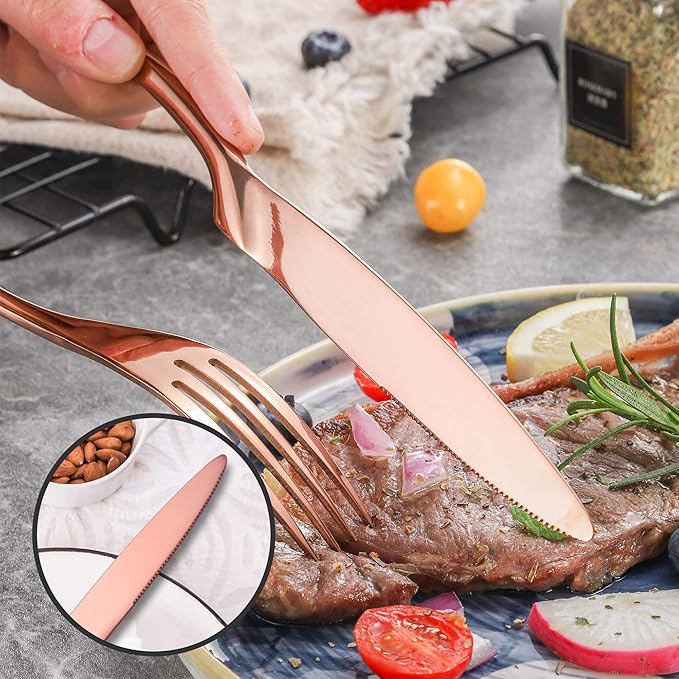 Lemeya 24 Pieces Rose gold Silverware Set for 6,Heavy Duty 18/10 Stainless Steel Flatware Set with Forged Stand Knife,Modern Cutlery Utensil Set,Mirror Polished,Dishwasher Safe