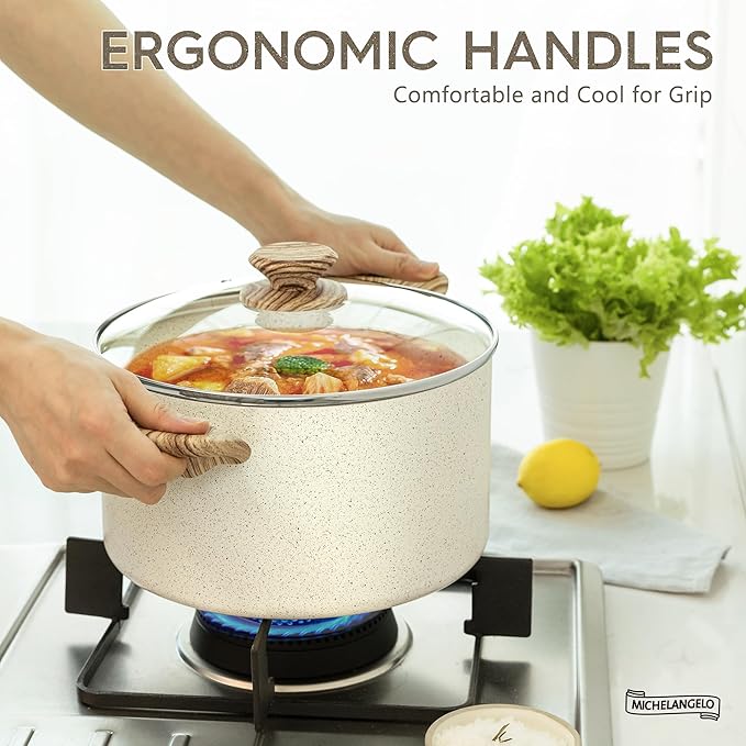 MICHELANGELO Nonstick Cooking Pot - 6 Quart Soup Pot with Lid for Family Meals, Non-Toxic Stockpot with Stay-Cool Handles, Induction Ready, Easy Cleanup, PFOA & PFOS Free