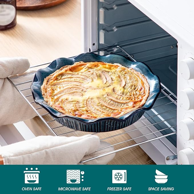 vancasso Ceramic Pie Pan for Baking, 9 inch Deep Pie Plates for Apple Pie, Pot Pie, Tart and Quiche, Reactive Glaze Fluted Pie Pans, Large Pie Dish with Ruffled Edge, Green, STERN Series