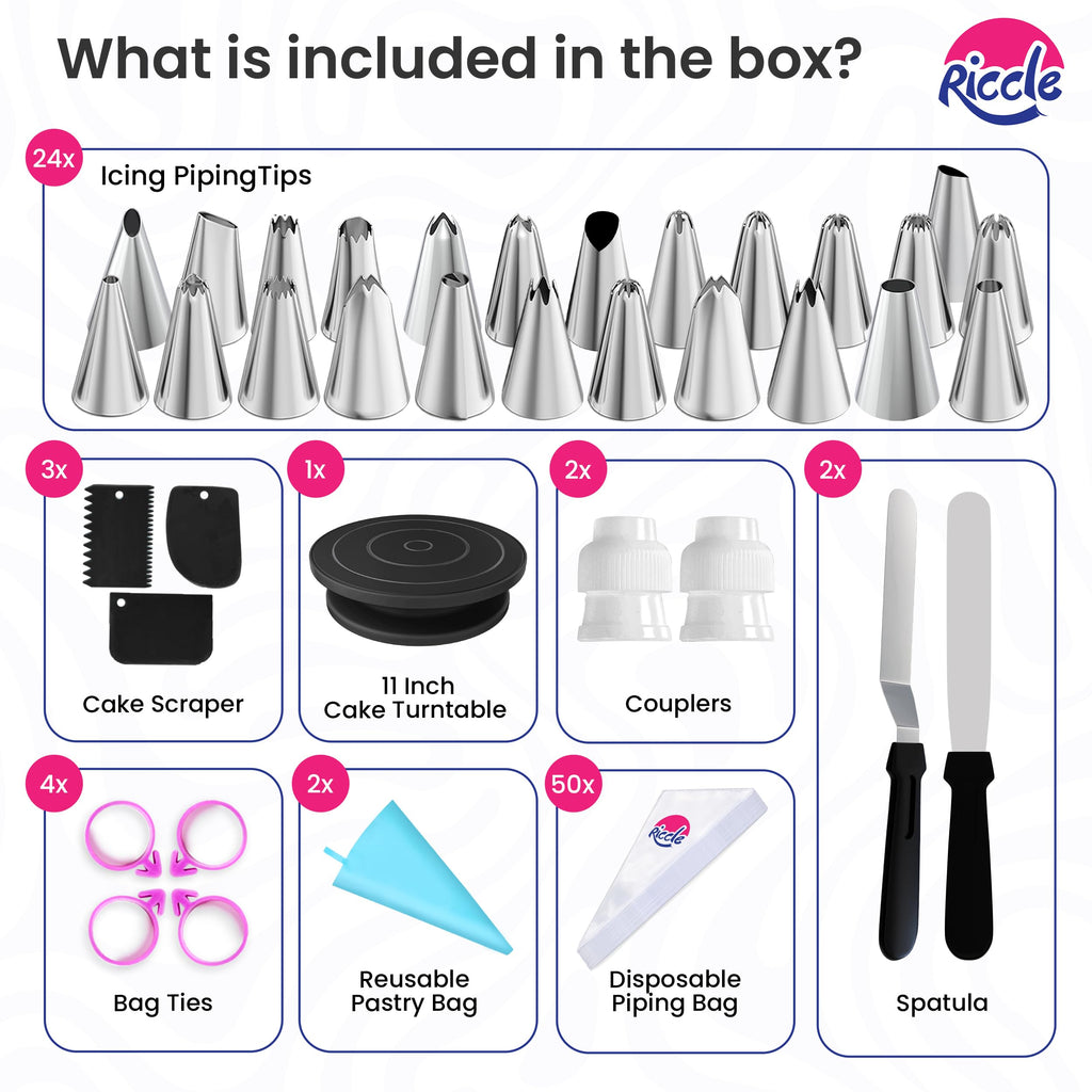 Riccle 88 pcs Cake Decorating Kit with Blue Cake Turntable - Includes 50 Disposable + 2 Reusable Piping Bags and Tips Set, 24 Icing Piping Tips, 2 Spatulas, 3 Icing Comb Scraper (Black)