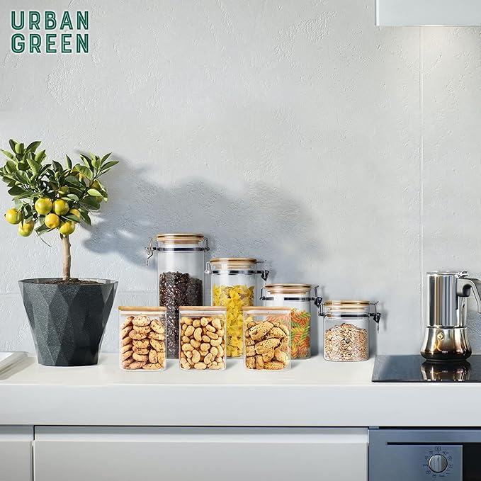 Urban Green Glass Jars with Airtight Lids, Airtight Glass Canisters with Locking Lids, (Bamboo-28oz)
