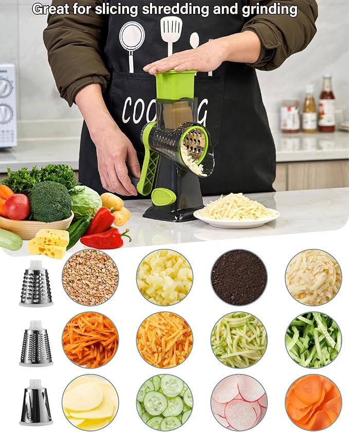 ALEXPHY Rotary Cheese Grater hand crank 3 blades with Stronger Suction Base | Stainless Steel Blades for Fruits, Vegetables, Nuts. Dishwasher Safe & Easy to Clean, Transparent Black & Green