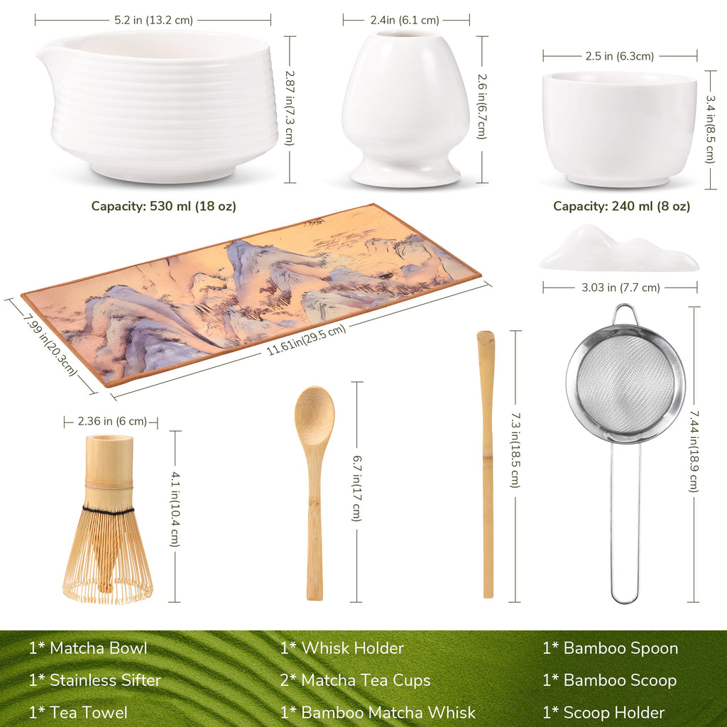 HELPLX Matcha Whisk Set, 10-Piece Japanese Matcha Kit with Bowl, Whisk & Holder, 2 Tea Cups, Bamboo Scoop, Spoon, Sifter, Scoop Rest & Tea Towel – White Matcha Tea Set for Ceremony or Daily Use
