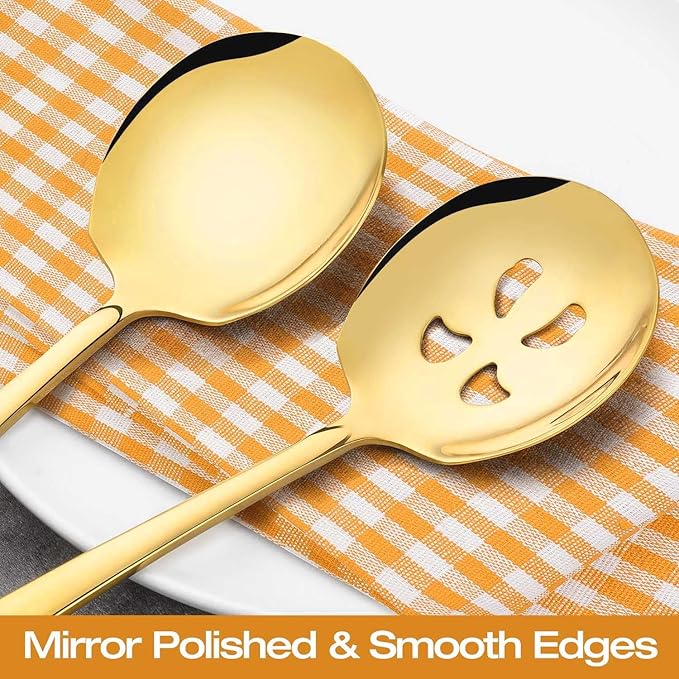 Extra Large Serving Spoons Set of 6-Piece, 11.7-Inch Gold Serving Slotted Spoon x 3 Serving Spoon x 3, Stainless Steel Serving Utensil for Buffet, Parties, Catering - Dishwasher Safe(6-Pack, Gold)