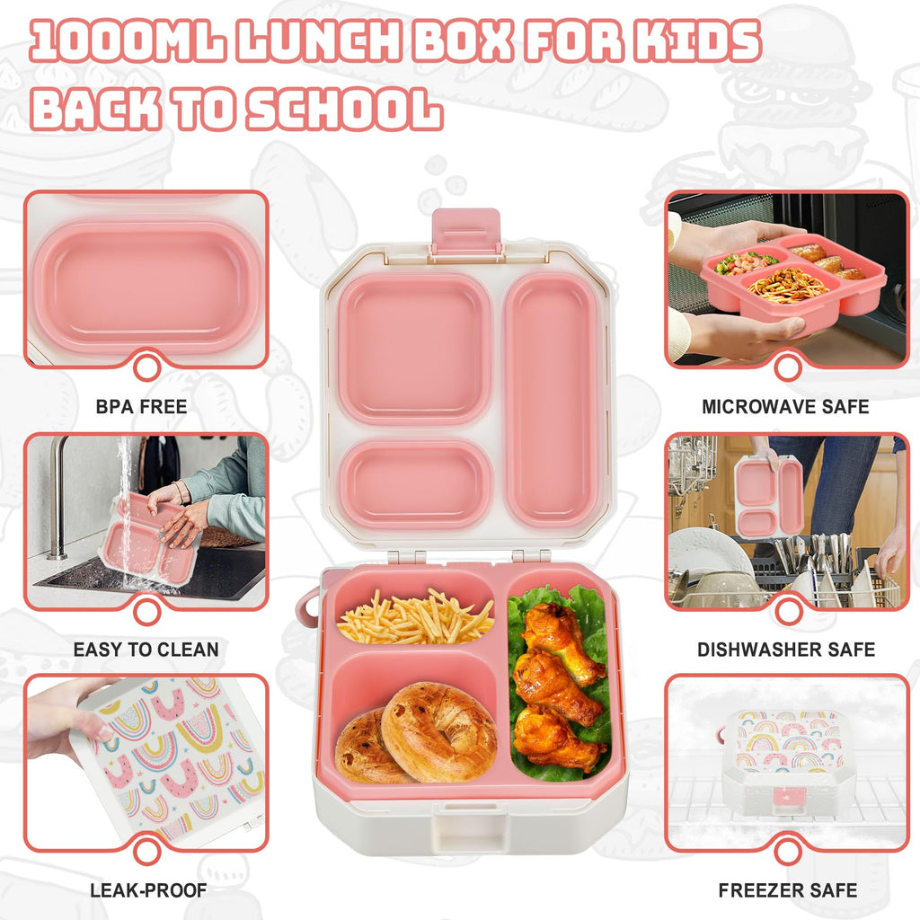 Itslife Bento Lunch Box Set for Kids with 12oz Soup Thermo&Lunch Bag, Leak-Proof Lunch Food Containers for Kids School, 5 Compartment, Sauce Cup, 10 Notes (Rainbow White)
