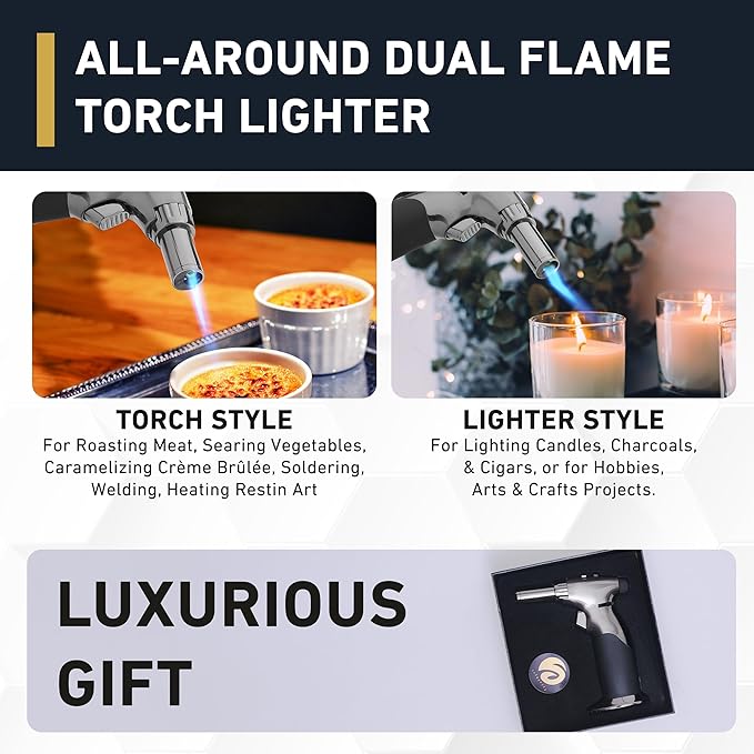 Dual Flame Butane Torch Gun - Refillable Luxury Hand Held Mini Blow Torch for Cooking, Creme Brulee, Soldering, Welding, & Resin Art - Adjustable Flame with Ignition Lock - Steel Black by inZaynity®