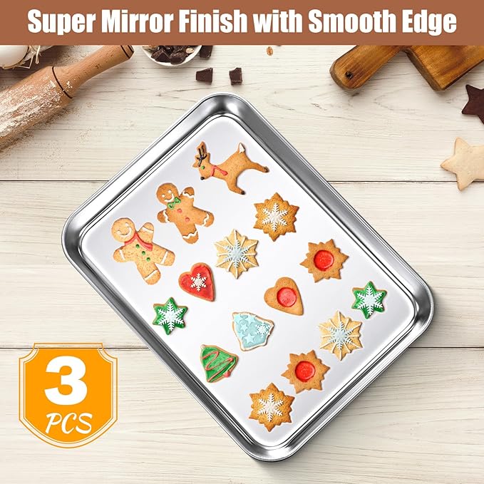 Potchen 3 Pcs Baking Sheet Pan Set Stainless Steel Cookie Sheet Small Toaster Oven Pans Tray Barbecue Grill Pan Rectangle Trays Oven Freezer Bakery, Non-stick, Easy Clean, 9 x 6.7 x 1 Inches