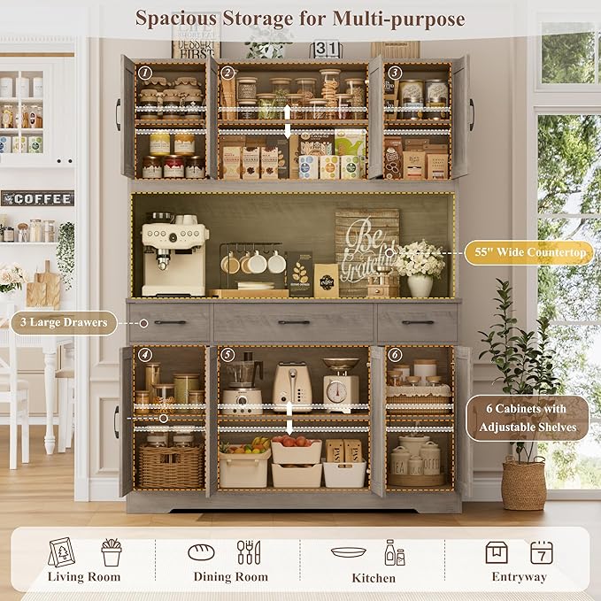 HOSTACK 71" Tall Kitchen Pantry Storage Cabinet, 55" W Kitchen Hutch, Grey
