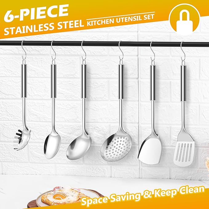 E-far Stainless Steel Kitchen Utensil Set of 6, Metal Cooking Utensils