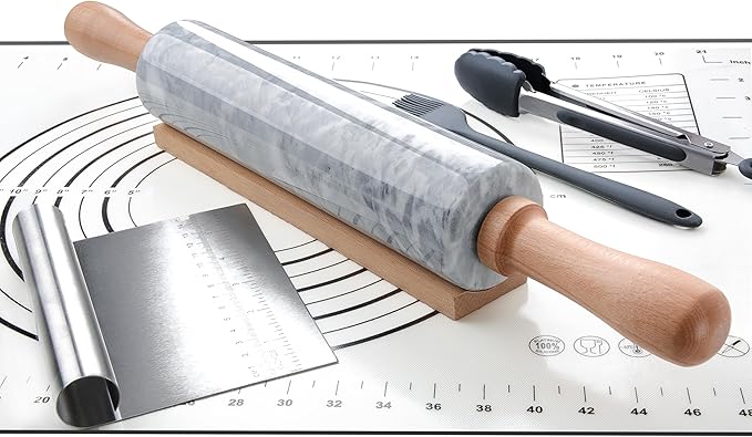 SIPARUI Marble Rolling Pin Set with Silicone Pastry Mat,Pastry Brush,Cooking Tongs,Stainless Steel Scraper18.5 inch Polished Non-Stick Roller for Pizza Dough,Fondant,Pie Crust(Gray White)