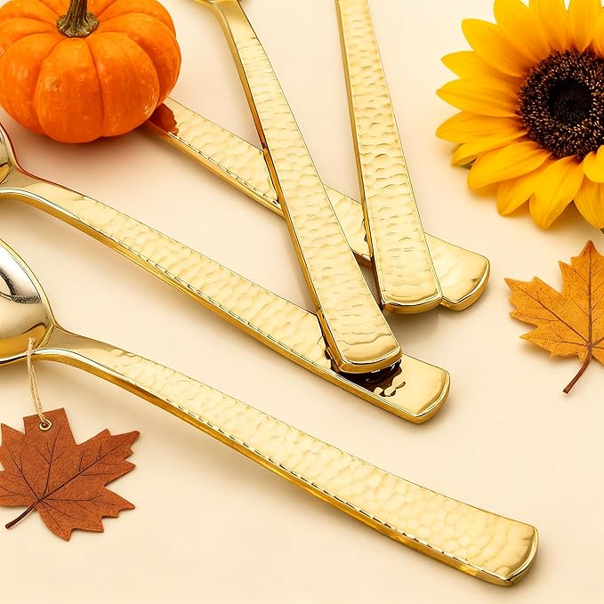 KIRE 400PCS Gold Plastic Spoons and Forks Disposable - Gold Plastic Silverware Set Disposable Spoons and Forks Set for Thanksgiving Party,Birthday