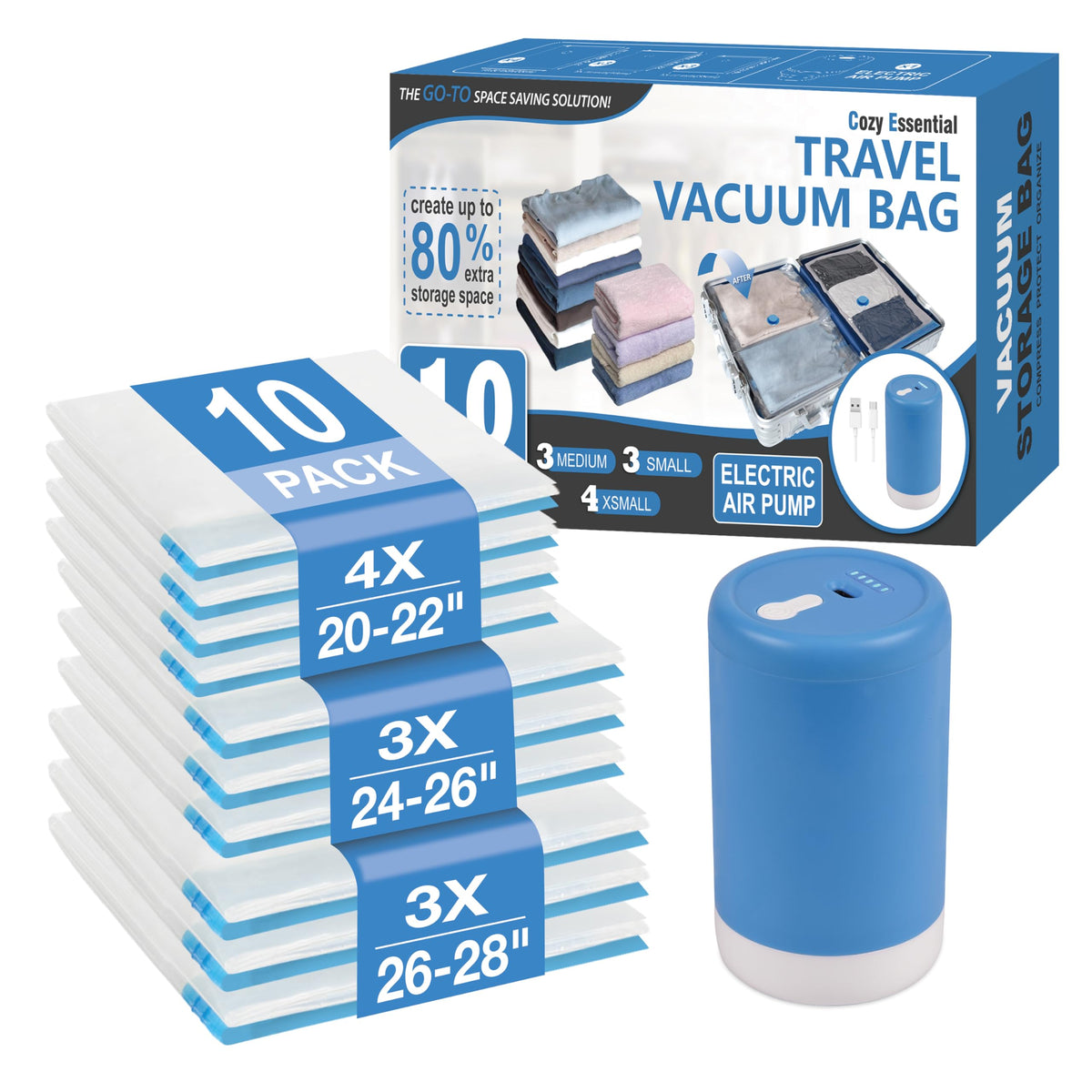 Travel Vacuum Storage Bags with Rechargeable Cordless USB Pump, 30 Combo