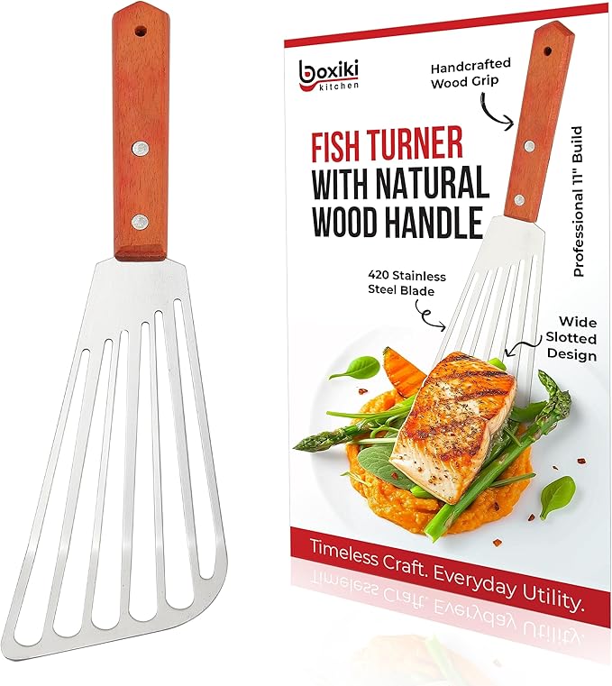 Fish Spatula with Natural Wood Handle - 420 Stainless Steel Slotted Fish Turner for Frying, Grilling & Flipping - Professional 11-Inch Burger Turner, Steak & Pancake Spatula