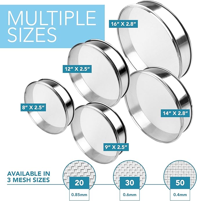 Stainless Steel Flour Sifter Fine Mesh Round Flour Sieve for Baking 14" Diameter x 2.88" High; 20 Mesh (Hole Size 0.85mm)