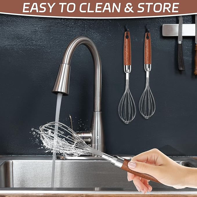 EVNSIX Stainless Steel Wire Cooking Whisk, Multi Function Kitchen Hand Whisk Non Stick Balloon Whisk Egg Beater for Blending Whisking Beating Frothing Stirring Batters,Wooden Handle (11""L x 2.1""W)
