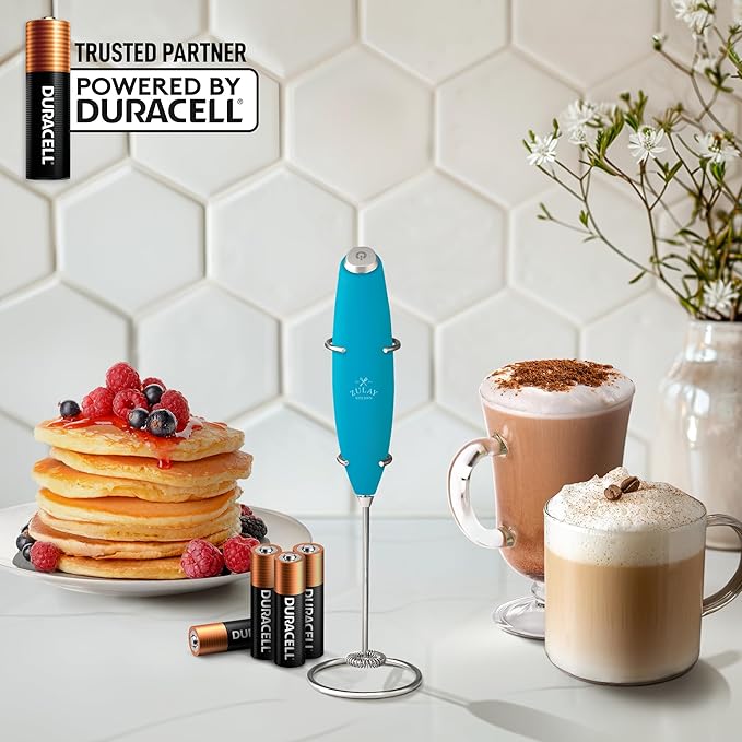 Zulay Kitchen Powerful Milk Frother Wand With Duracell Batteries - Ultra Fast Handheld Drink Mixer - Electric Whisk Foam Maker for Coffee, Lattes, Cappuccino & Matcha - Z1 Motor - Blue Teal
