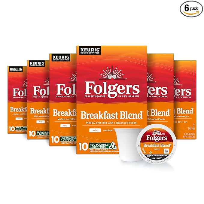 Folgers Breakfast Blend Coffee, Mild Roast, Keurig K-Cup Pods, 60 Count