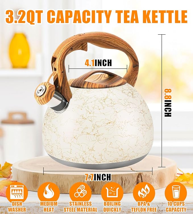 Foedo 3.2Qt Stainless Steel Whistling Tea Kettle Stovetop, Off-white