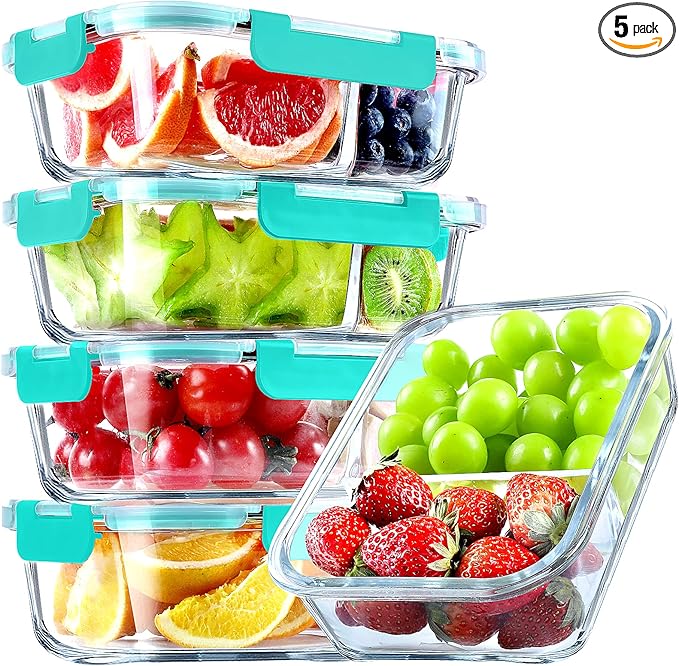 VERONES 5 PACK 36 OZ Glass Food Storage Containers 2 Compartment Set, Green