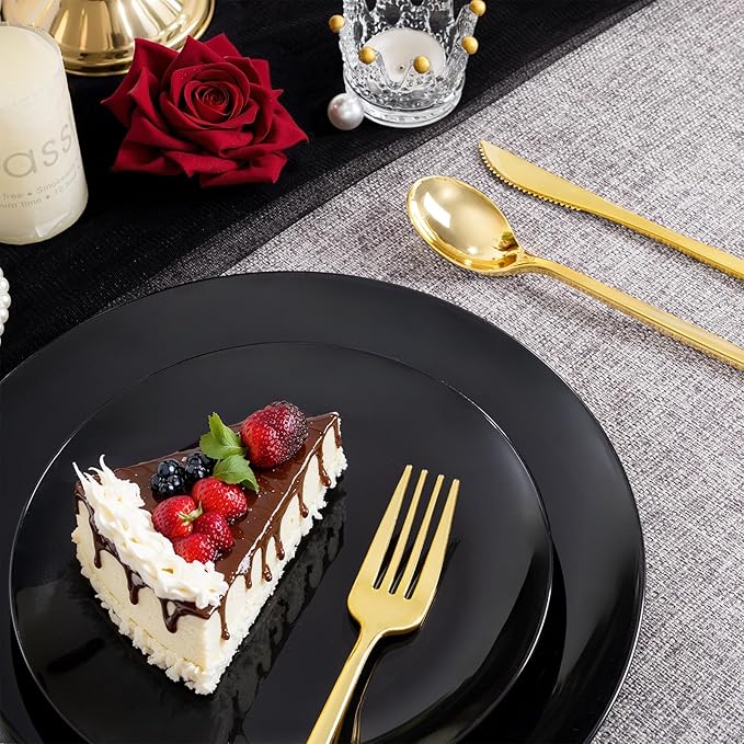 PULOTE 200PCS Black Plastic Plates - Heavy Duty Black Disposable Include 100 Each (10 inch Dinner & 7 inch Dessert) Plates, Disposable for Party, Birthday & Graduation